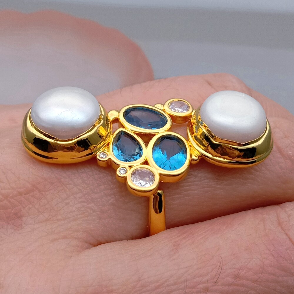 Freshwater White Pearl Blue Cz Pave Gold Plated Finger Ring