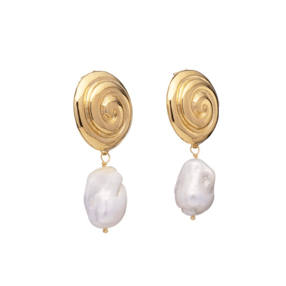 Gold Spiral Drop Earrings with White Natural Pearls – by Mayamar