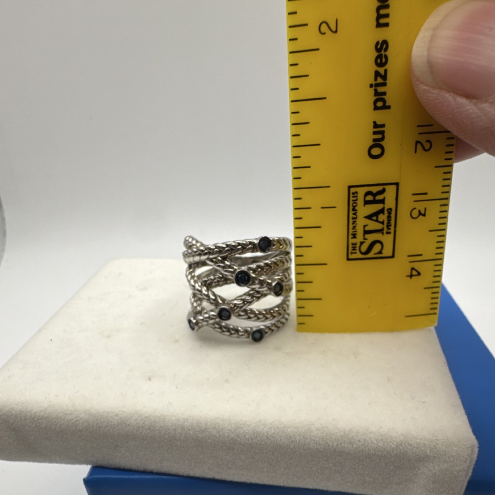Sterling Silver Crisscross Band Ring with Blue Diamonds Bezel Set Size 6
