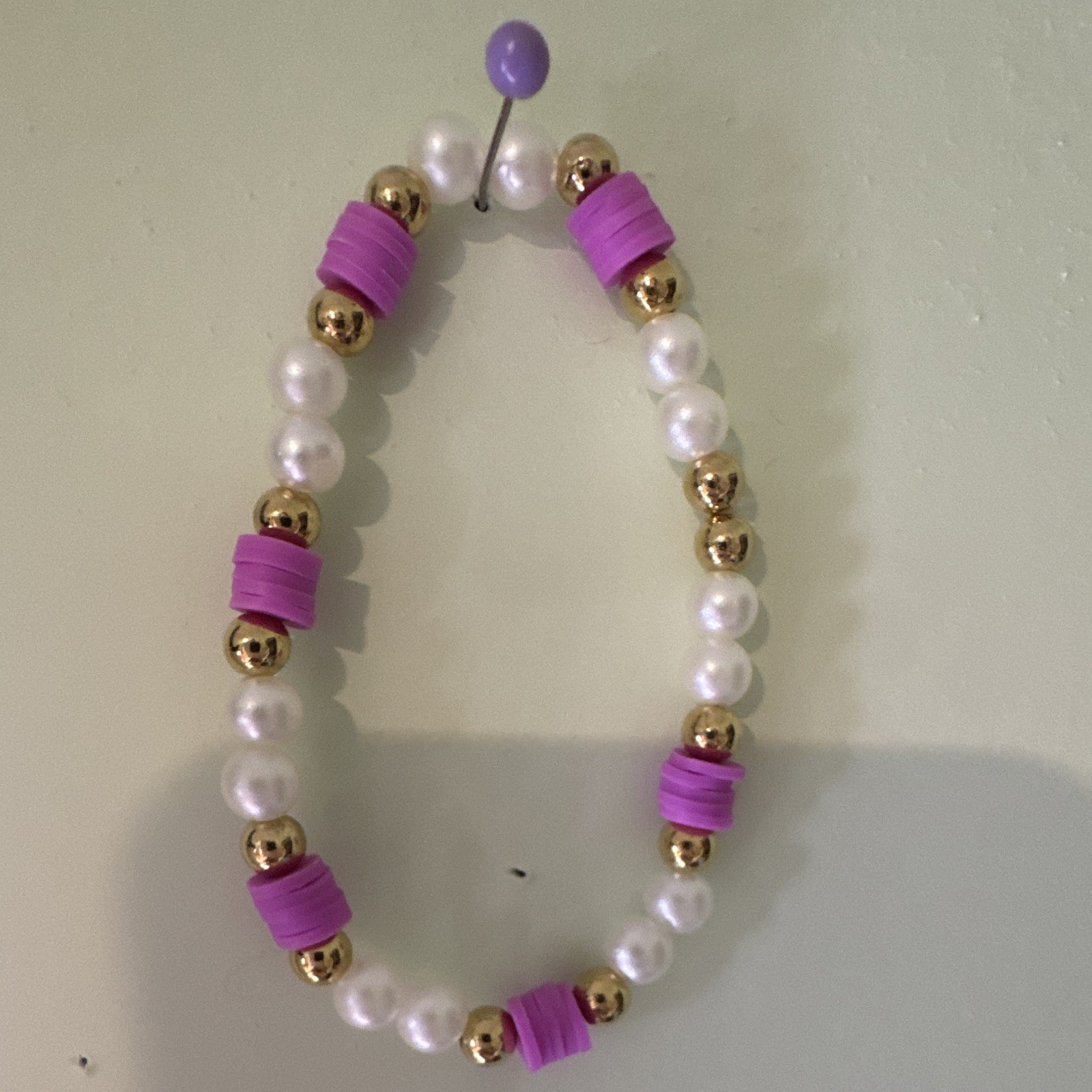 White, Gold & purple Stretch Beaded Bracelet, Round Plastic Beads, hand made