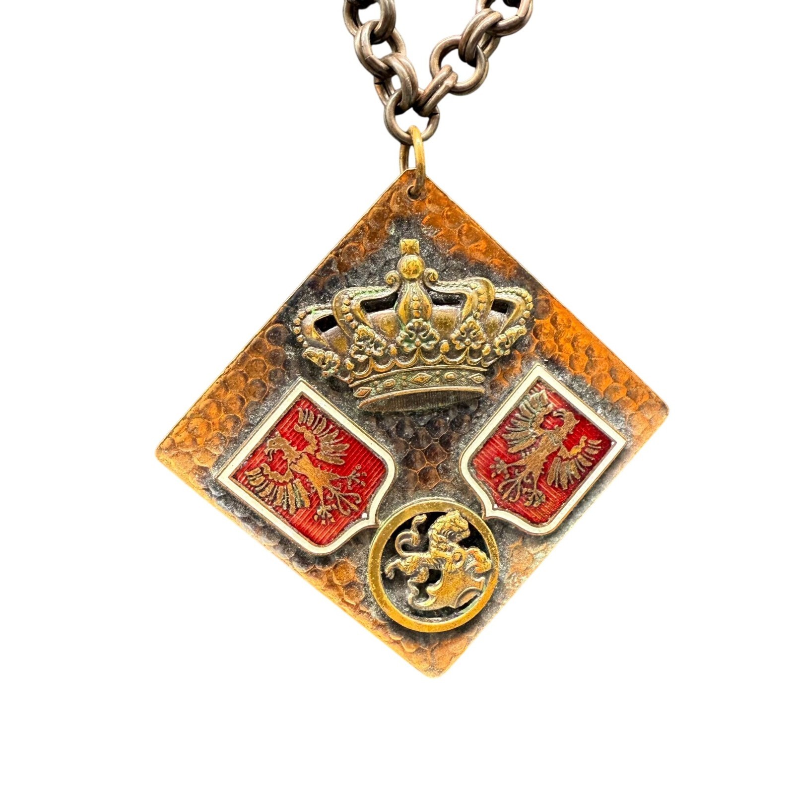 Hammered Royal Crown Eagle Symbol Pendant Chain Necklace Brass Tone