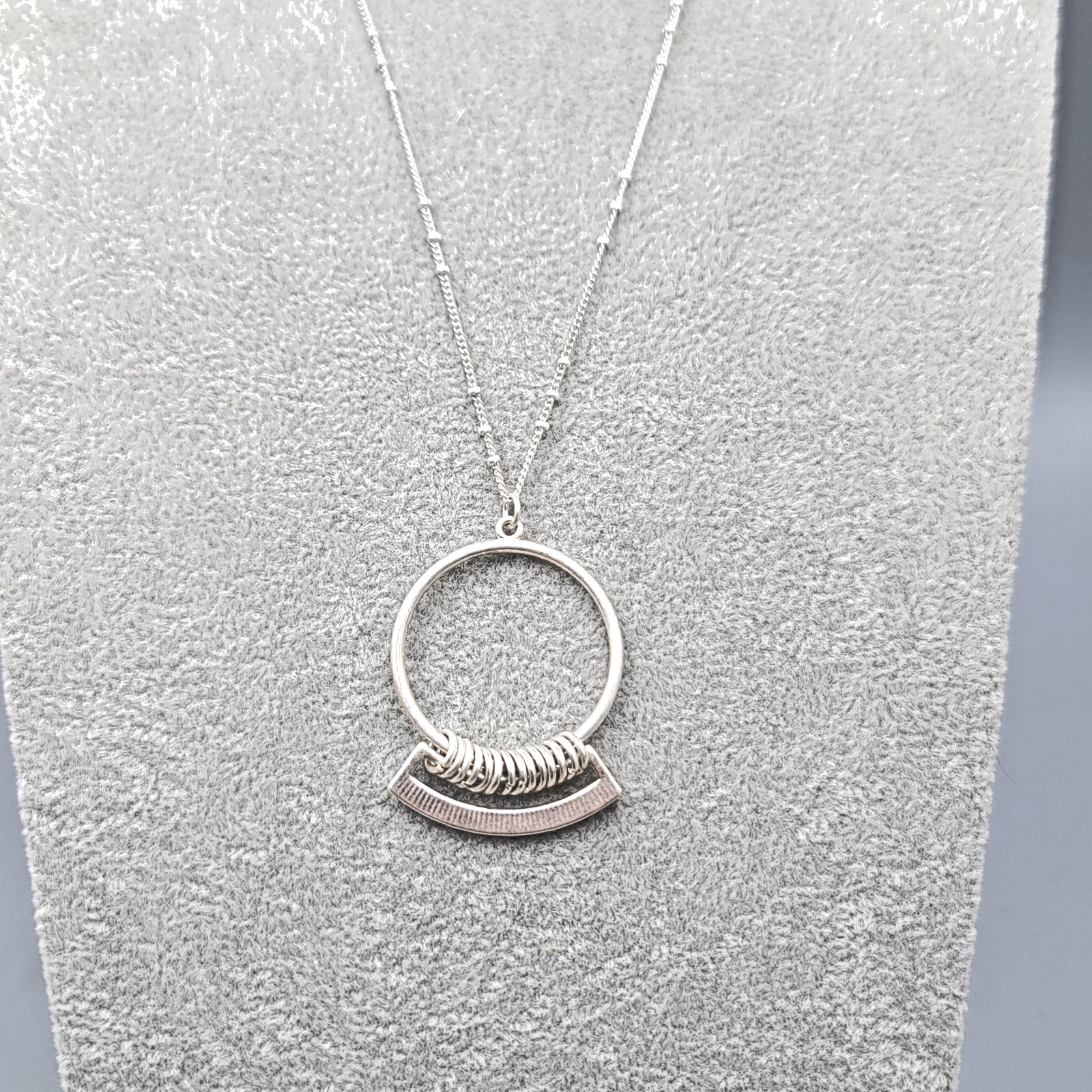 Silver tone Long Necklace Station Chain Circle Pendant 32 in
