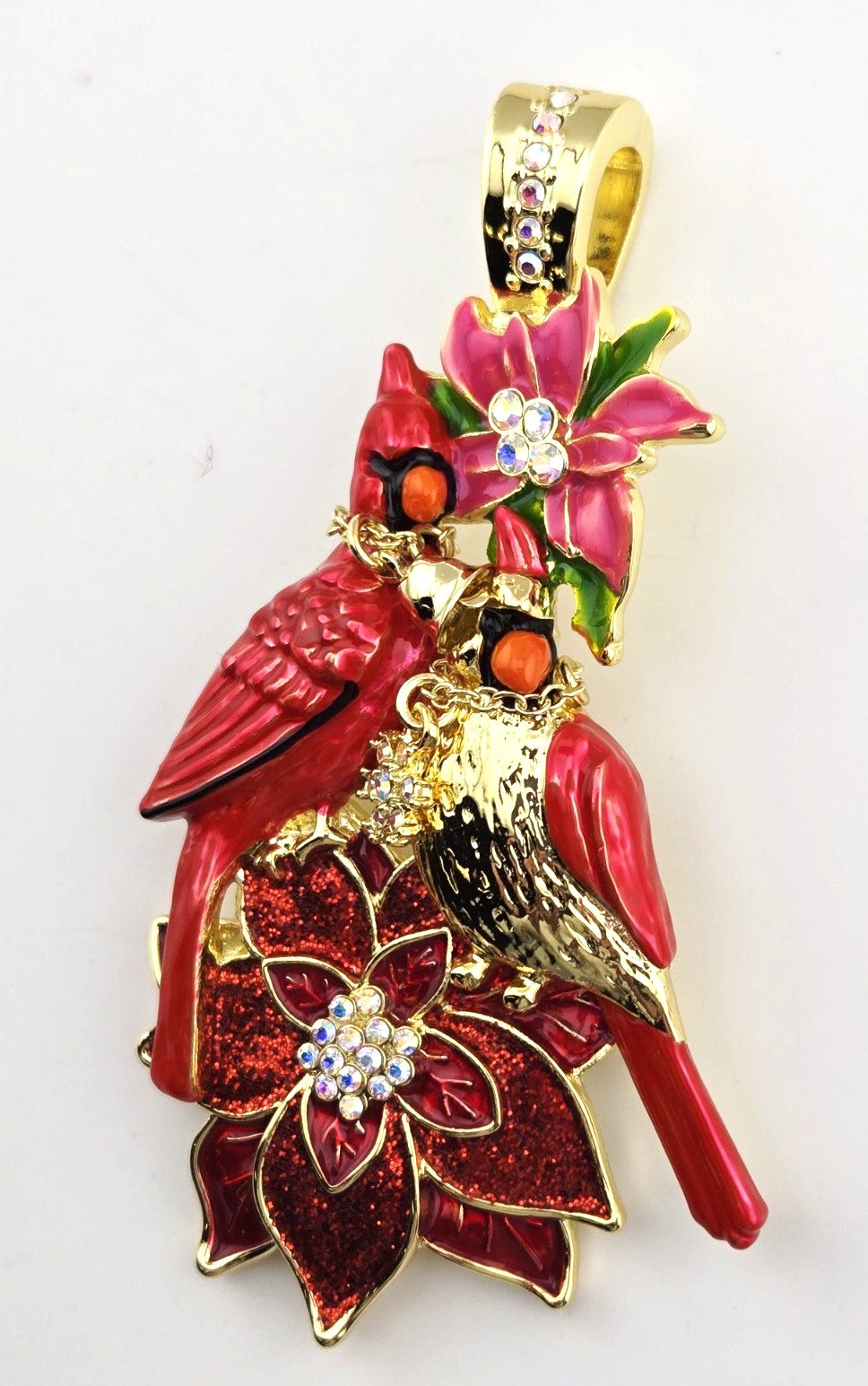 Kirks Folly Cardinal Poinsettia Foldover Pendant Goldtone Hand Enameled #35