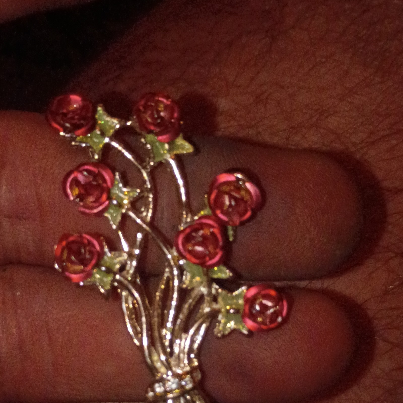 Gold Tone Enamel Pink Rose Flower Bouquet Brooch Pin w/ Green Leaves