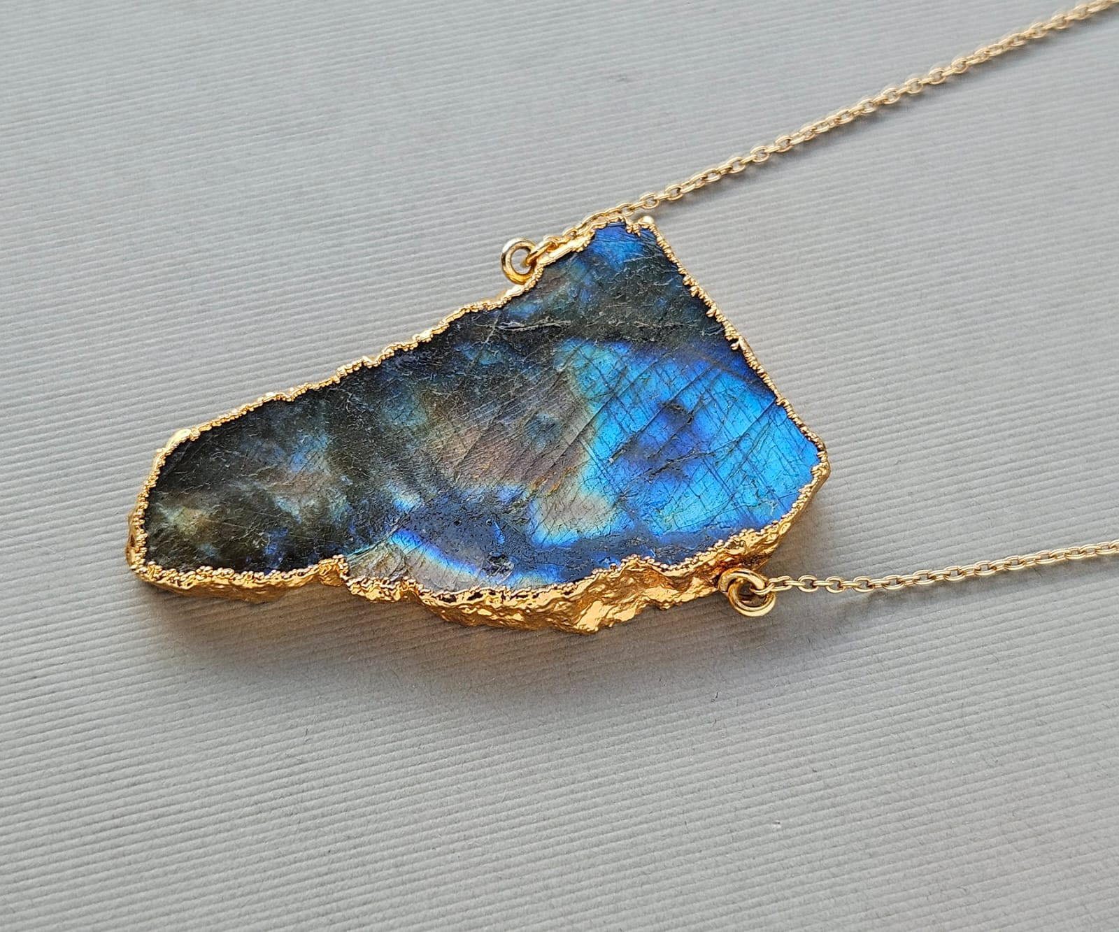 Baroni Designs Large Labradorite Pendant .925 Silver Gold Plated Necklace 19″