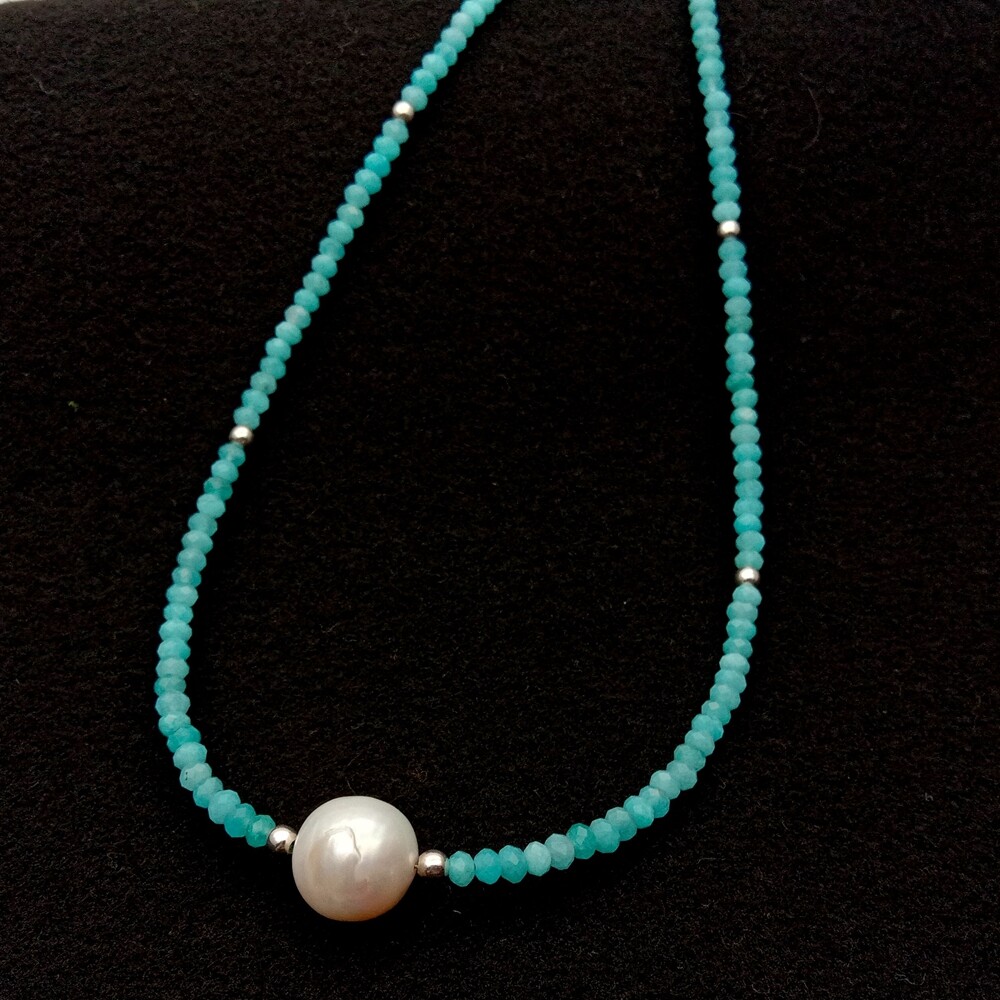 Natural Green Peruvian Amazonite White Pearl Necklace 17”