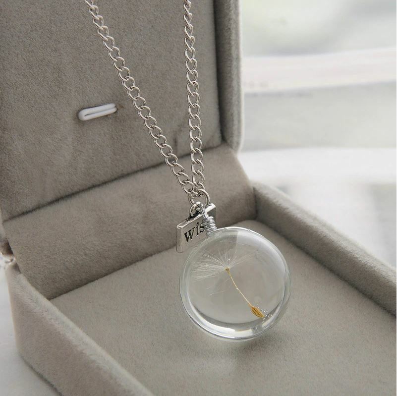 Dandelion handmade Necklace Wish Glass Round Sphere Pendant Necklace
