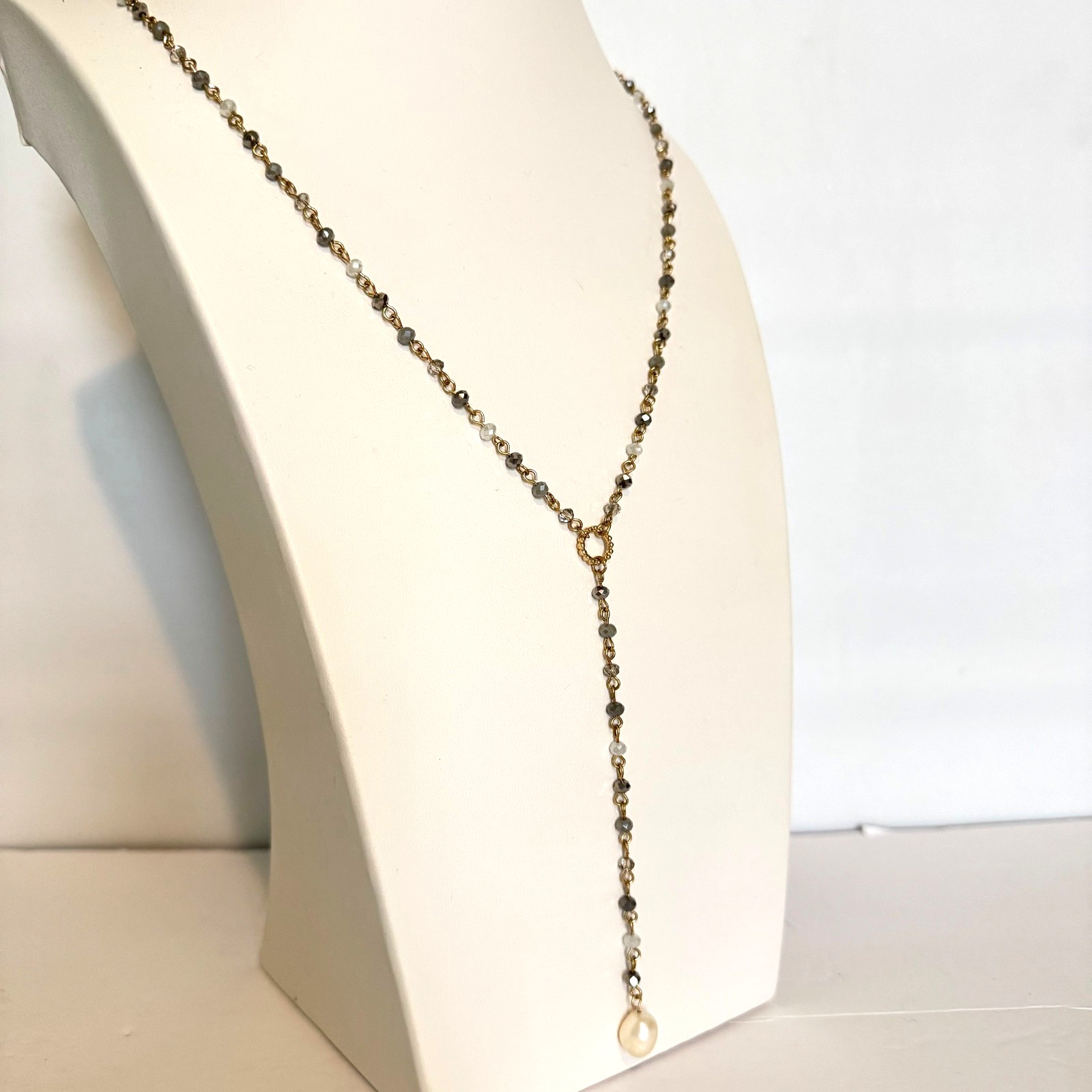 Boho Gold Tone Beaded Y Necklace Gray Crystal Rosary Chain Pearl Drop Lariat