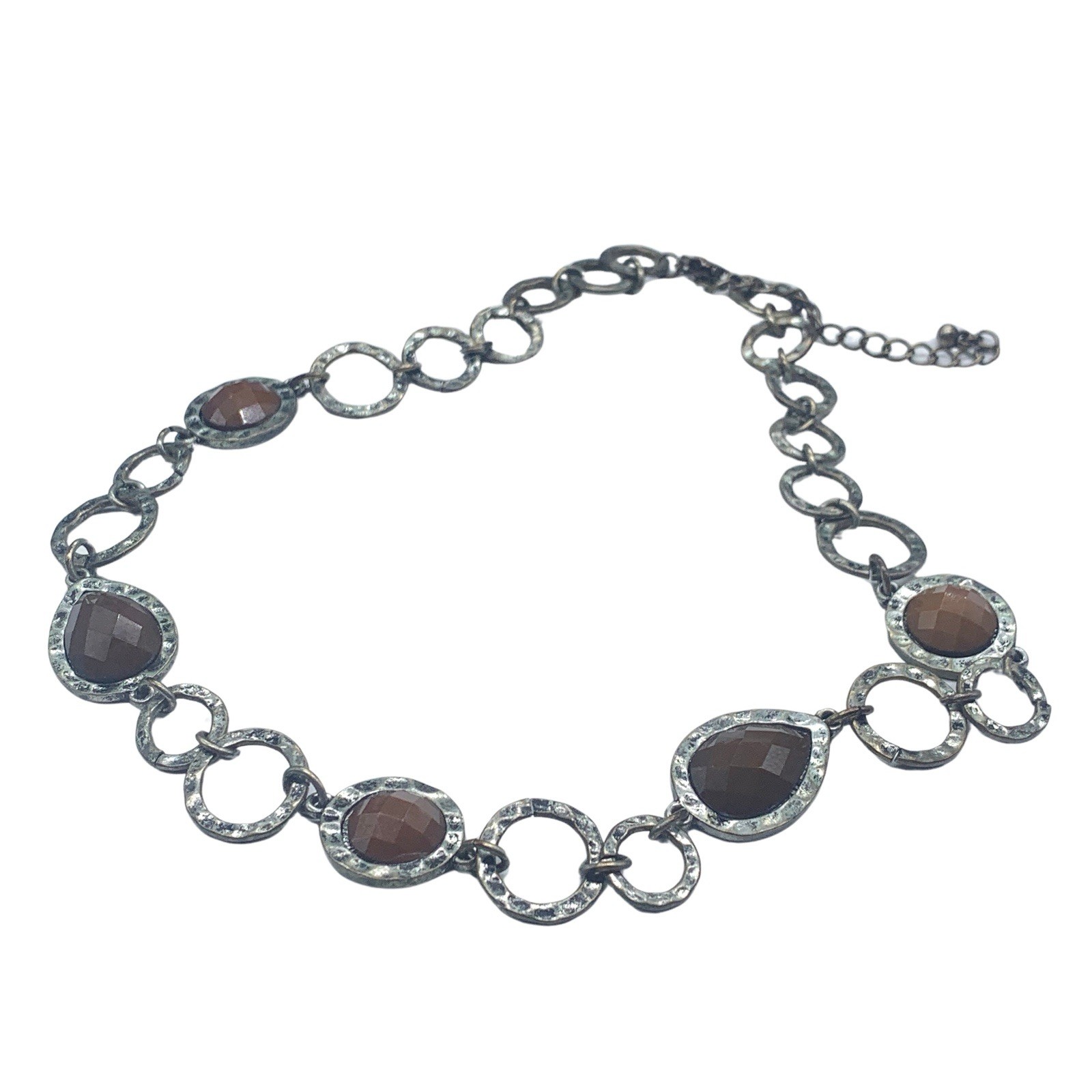 Round Hammered Link Silver Bronze Tone Necklace Brown Acrylic Cabochon Accents