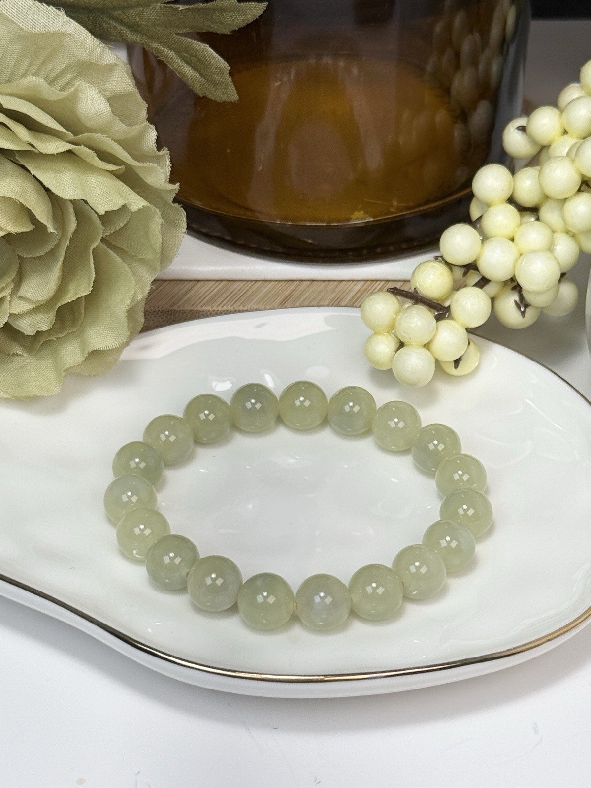 Hetian Jade Yellow Lime Bead Bracelet 10.1MM w/Certificate