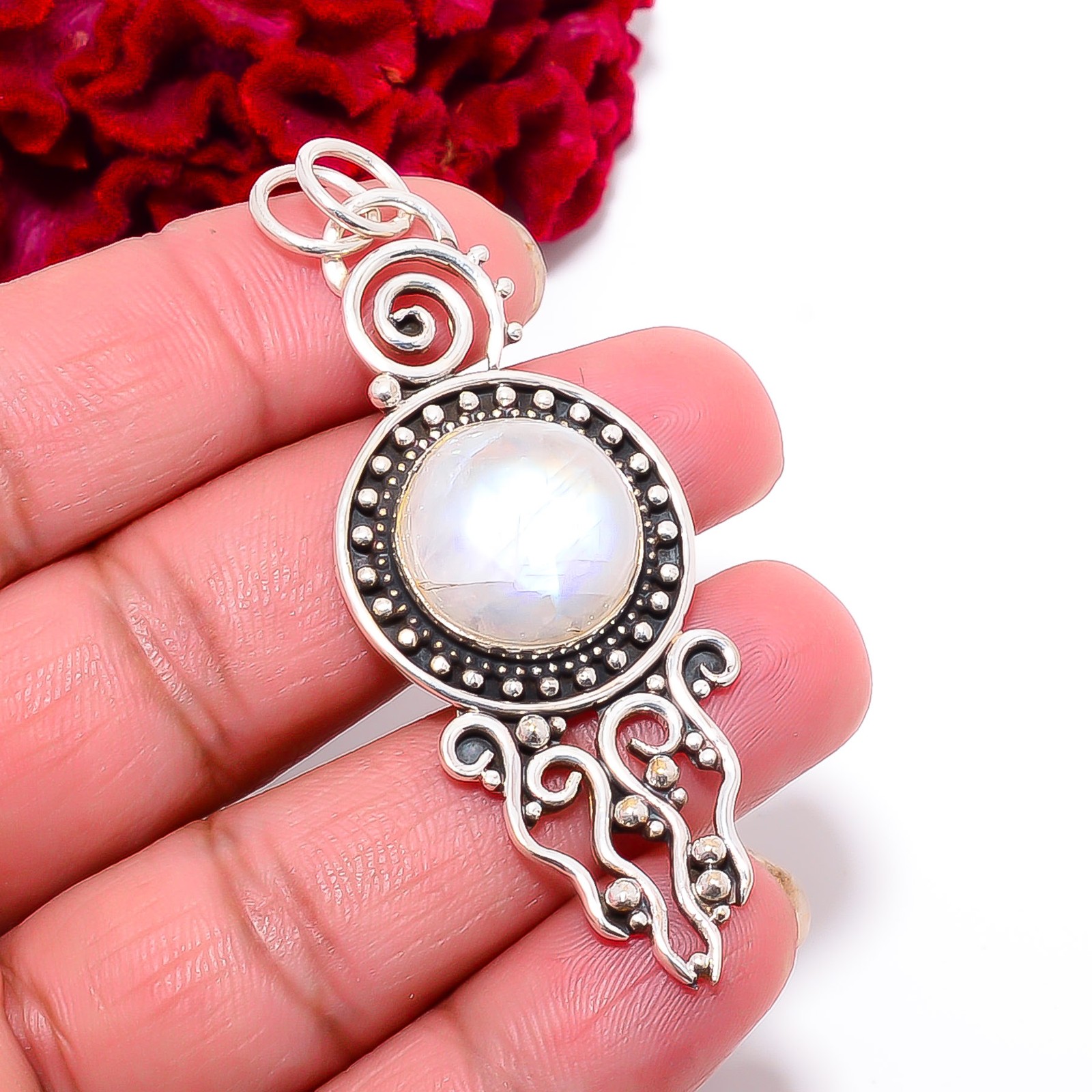 Rainbow Moonstone – India Handmade 925 Sterling Silver Pendant 2.54″ P32