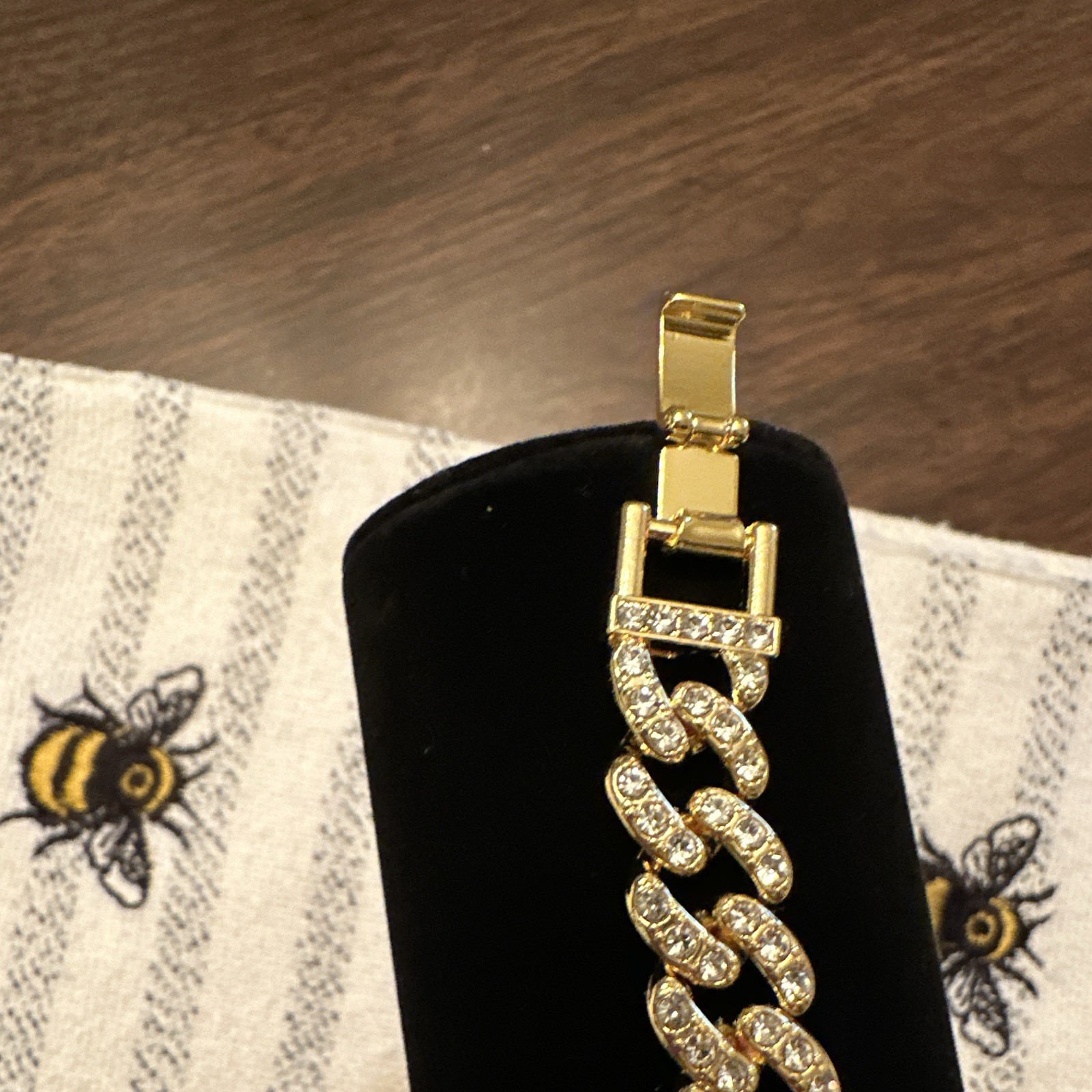 Gold Tone Cuban Link Chain Bracelet Pavé Clear Rhinestones Box Clasp