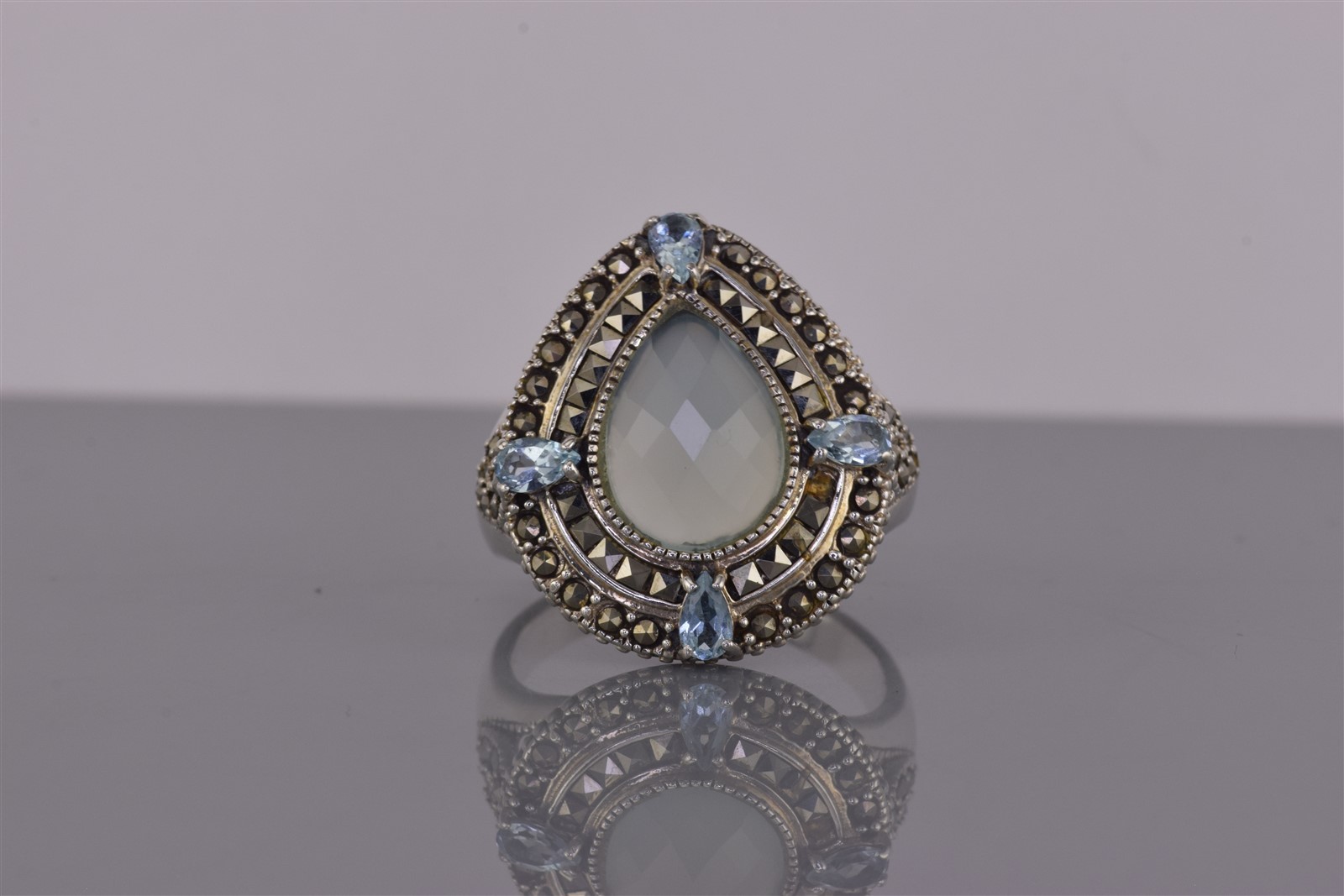 Sterling Silver 26mm Faceted Moonstone Topaz Marcasite Band Ring 12g 925 Sz: 12