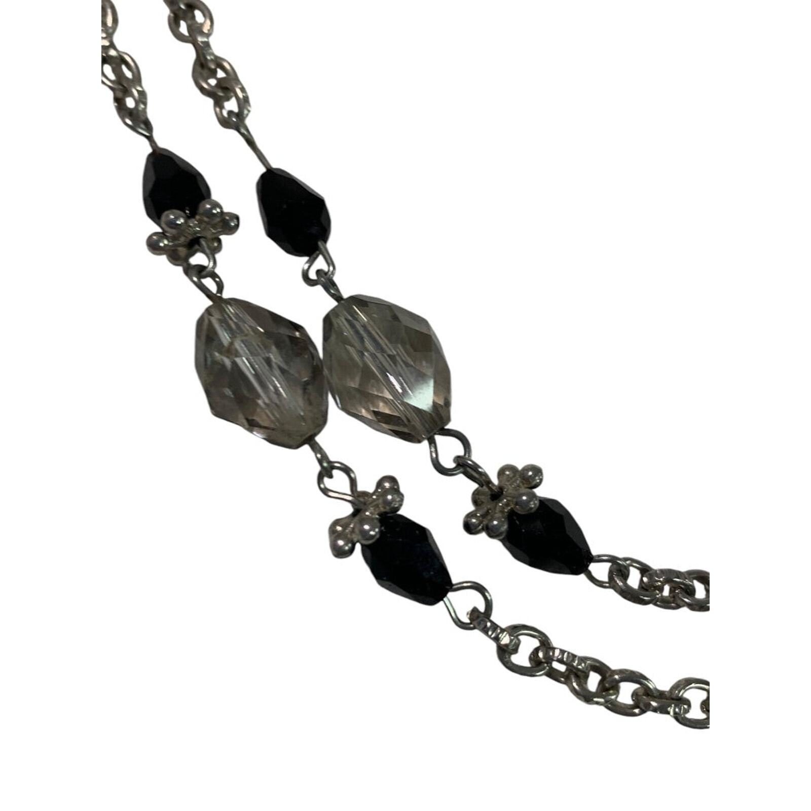Long Strand String Necklace 42 Inches Silvertone Black Lobster Clasp