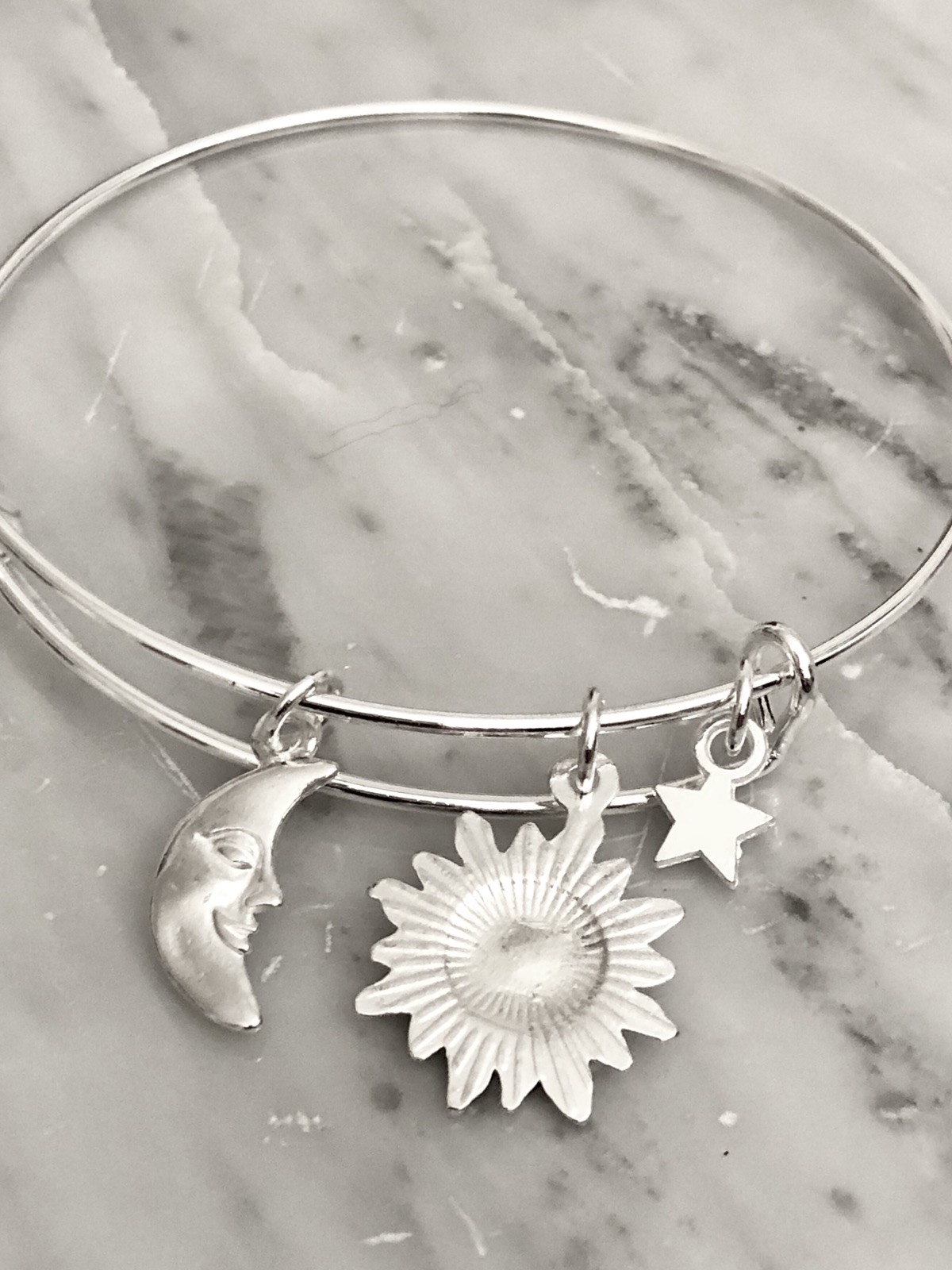 Sun Moon and Star Celestial bright Silver charm Expandable Bangle Bracelet