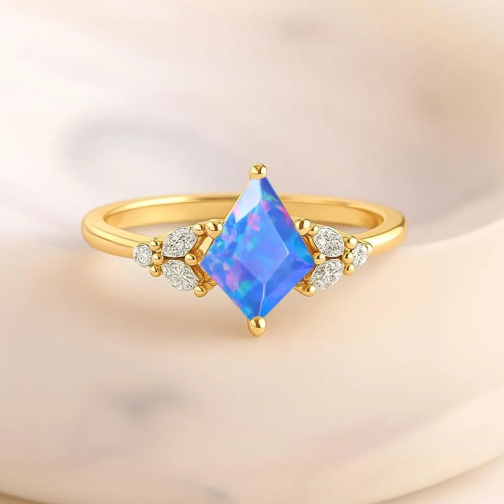 Fire Blue Opal Kite Gemstone Statement Ring, Genuine Fire Opal Gemstone Gold