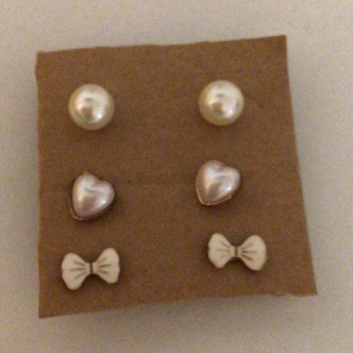 3-Pair Stud Earrings Set White Imitation Pearl Heart & Bow Butterfly Back