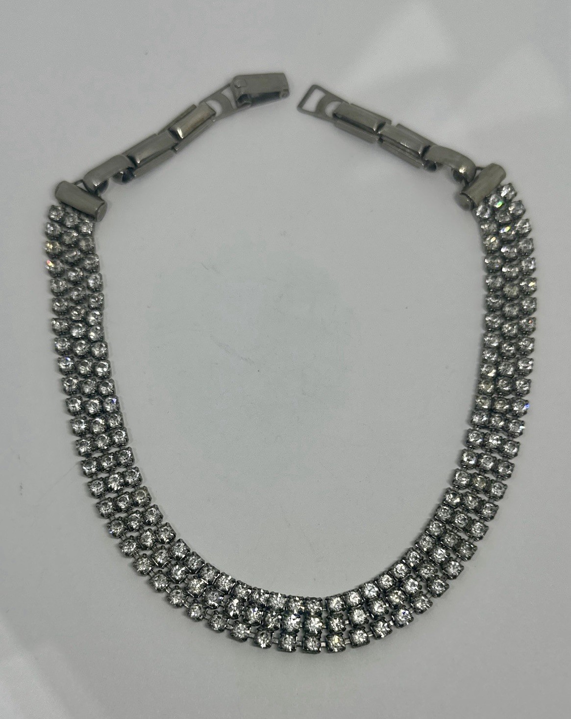 Rhinestone Choker Necklace Silver Tone Statement Three Row Sparkle 13.5″ JAPAN