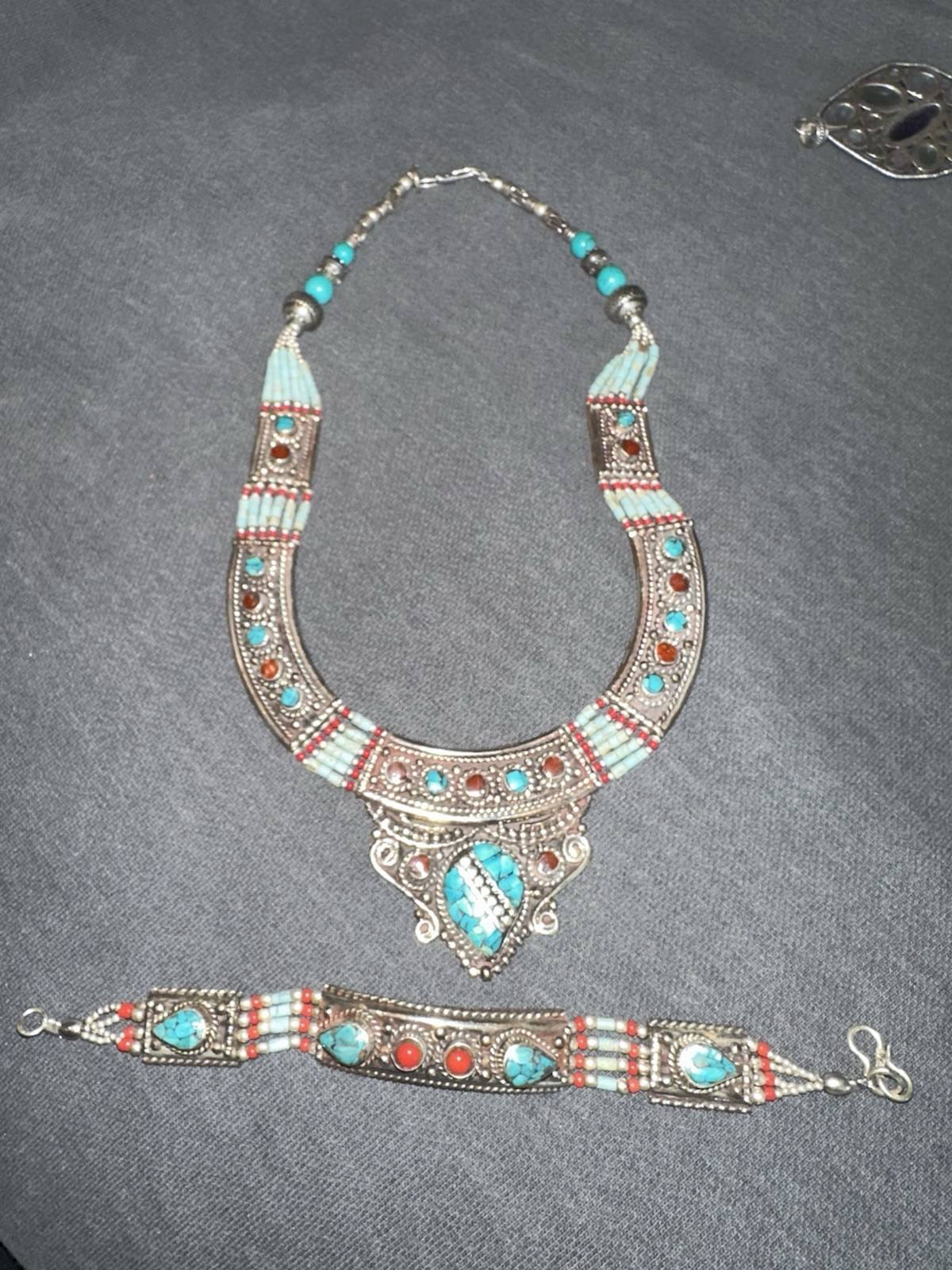 NEPAL TIBETAN HANDMADE Coral & Turquoise Bracelet Tibetan Silver Stamped .925