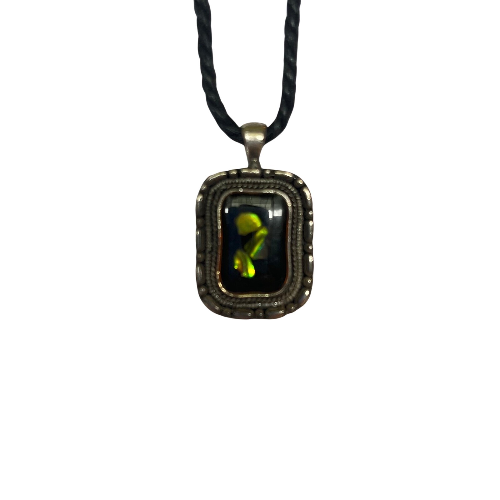 Ammolite Pendant Necklace Rectangle Silver Tone Green Black Cord Chain