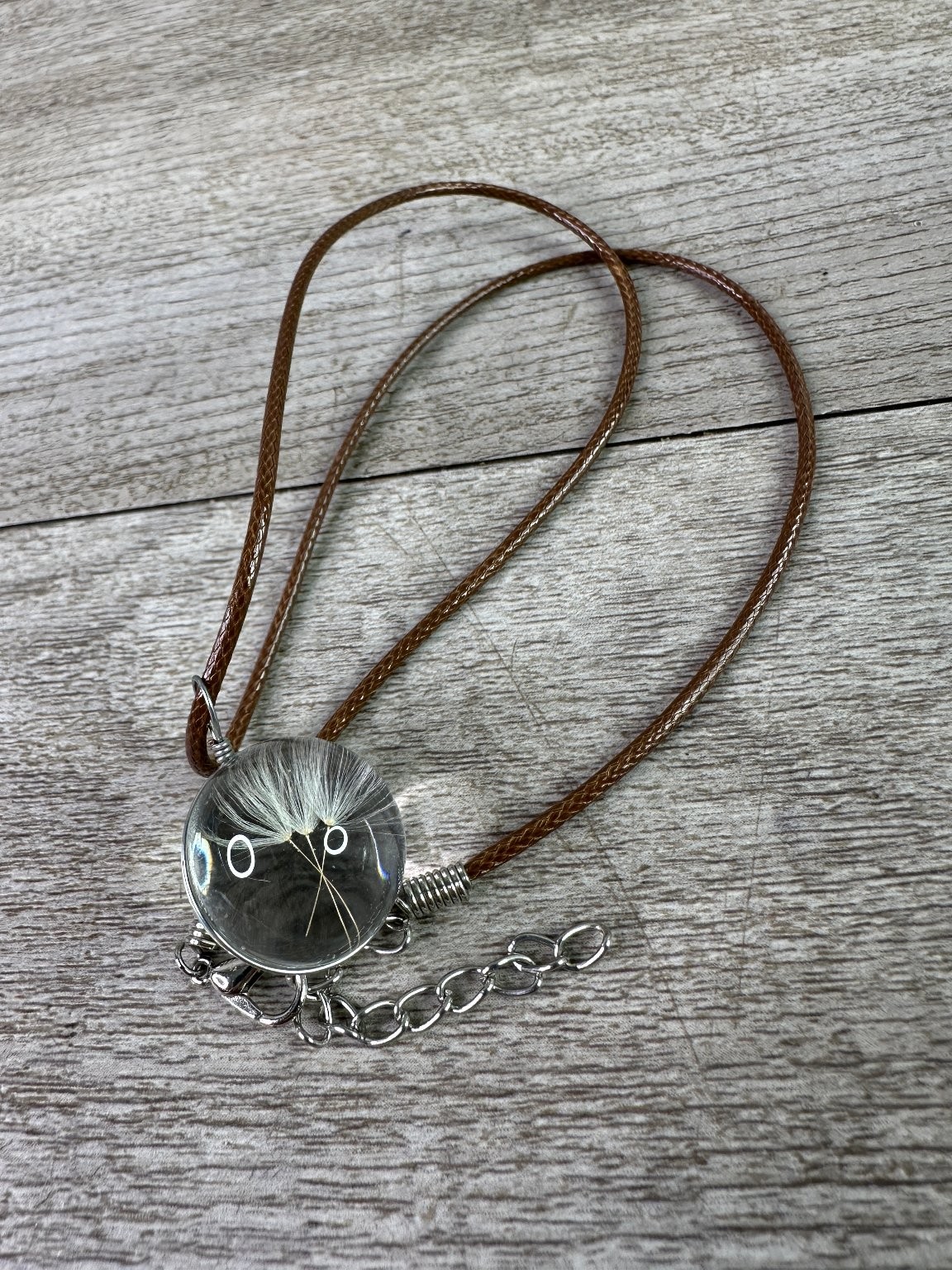 Dandelion Seed Sphere Pendant Necklace 18-20″ Adjustable Braided Cord Silver