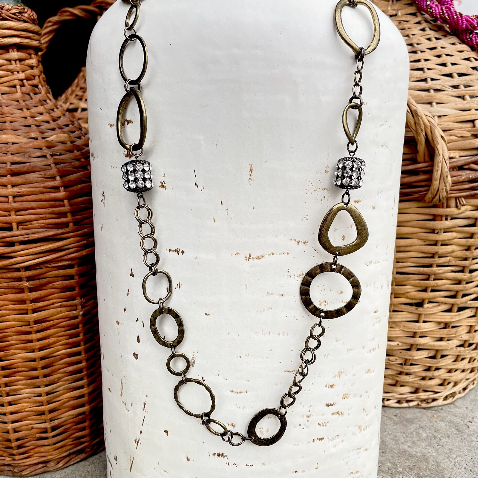 Lia Sophia IMPROV Mixed Metal Long Circle Link Chain Necklace Rhinestone 43″
