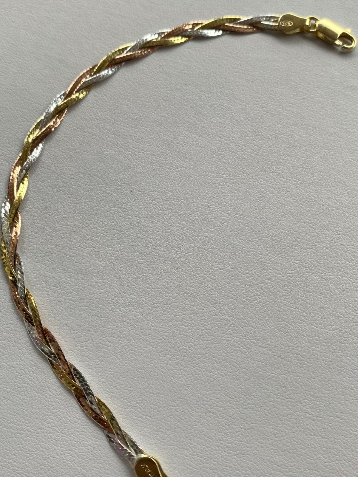 Solid 925 Silver Tri Color Yellow Rose Gold Plated Twisted Braided Herringbone