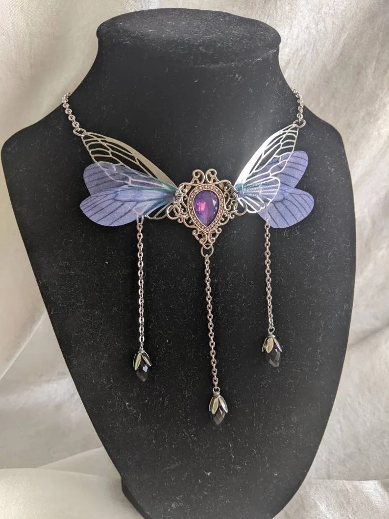 Fairy Wing Pendant Necklace Gothic Butterfly Crystal Charm Chain Fantasy Cosplay