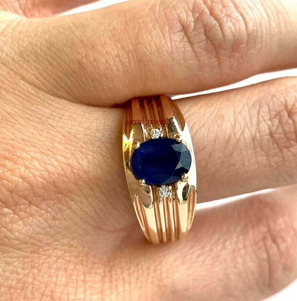 Heated Blue Sapphire Gemstone With 14K Rose Gold Plated Silver Ring for Men’s #3