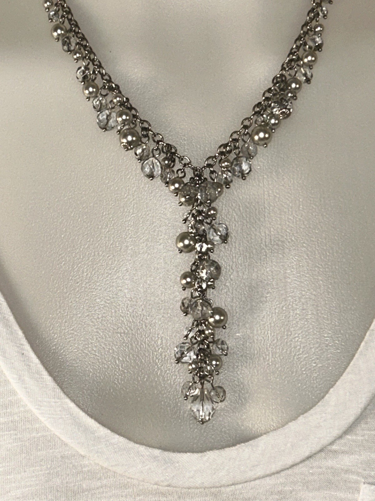 Carolee Y Drop Statement Necklace Pearl & Crystal Beads Chunky Cluster Silver