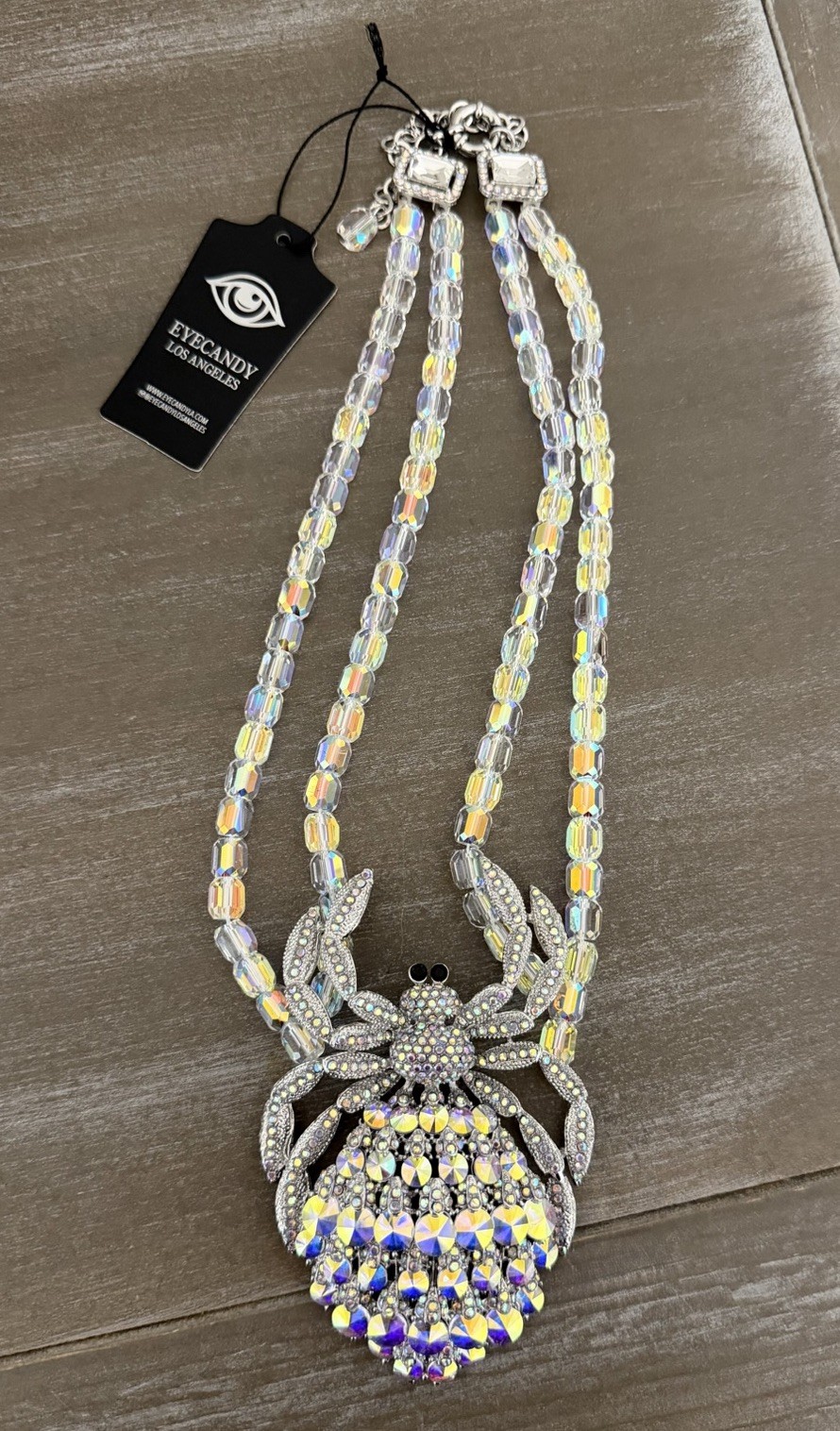 Eye Candy Iridescent Crystal Spider Statement Necklace Double Strand Beaded