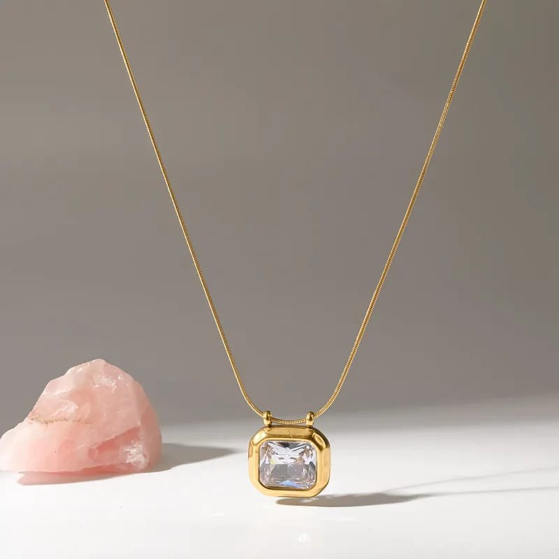 Gold Tone Snake Chain Necklace Bezel-Set Cushion Crystal Square Pendant 1pc