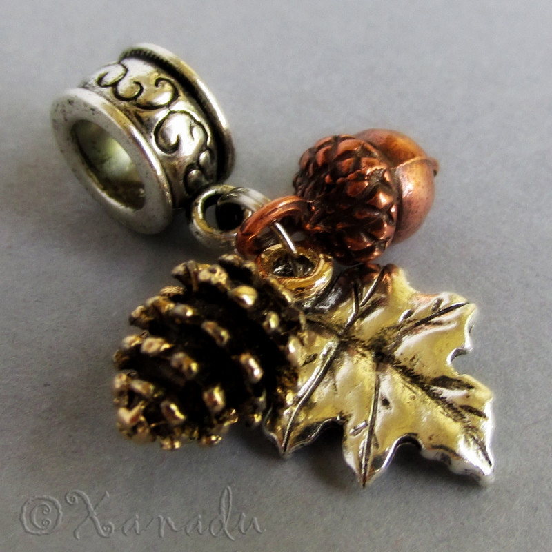 Fall Treasures Gold Pine Cone, Copper Acorn, Silver Leaf European Charm Bead