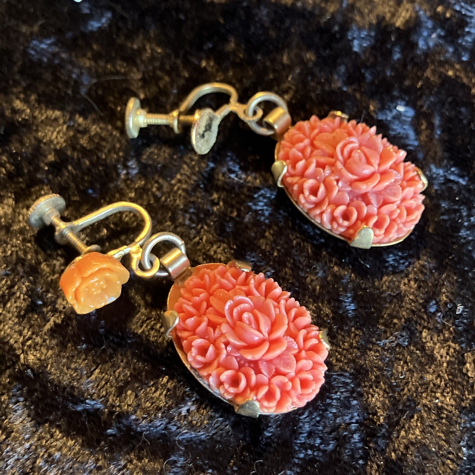Orange Silver Tone Necklaces Pendant & Floral Screwback Earrings Jewelry Set