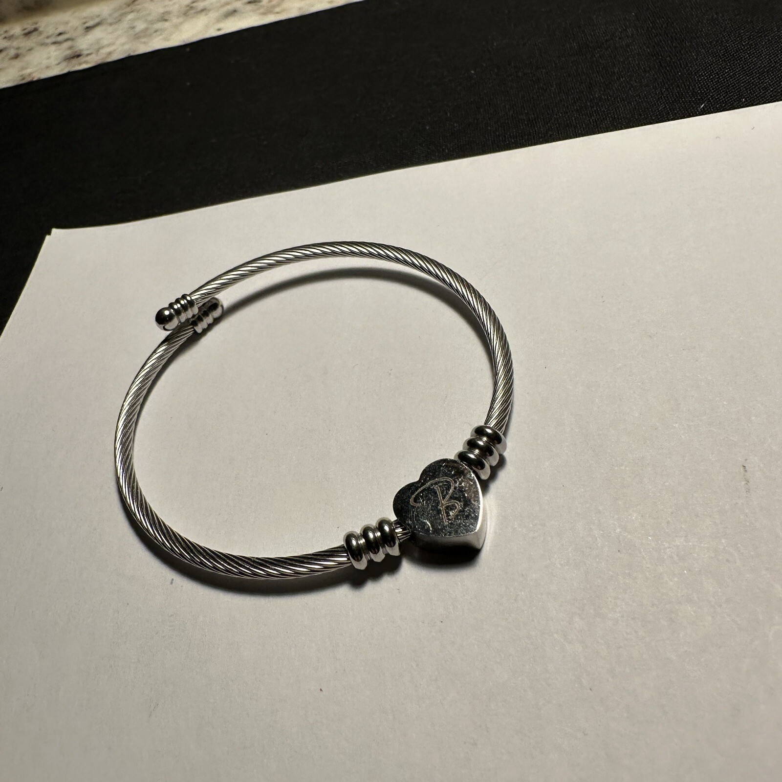 Women’s Silver Tone Cable Bangle Bracelet 7 1/4 Inch Letter / Initial B Heart