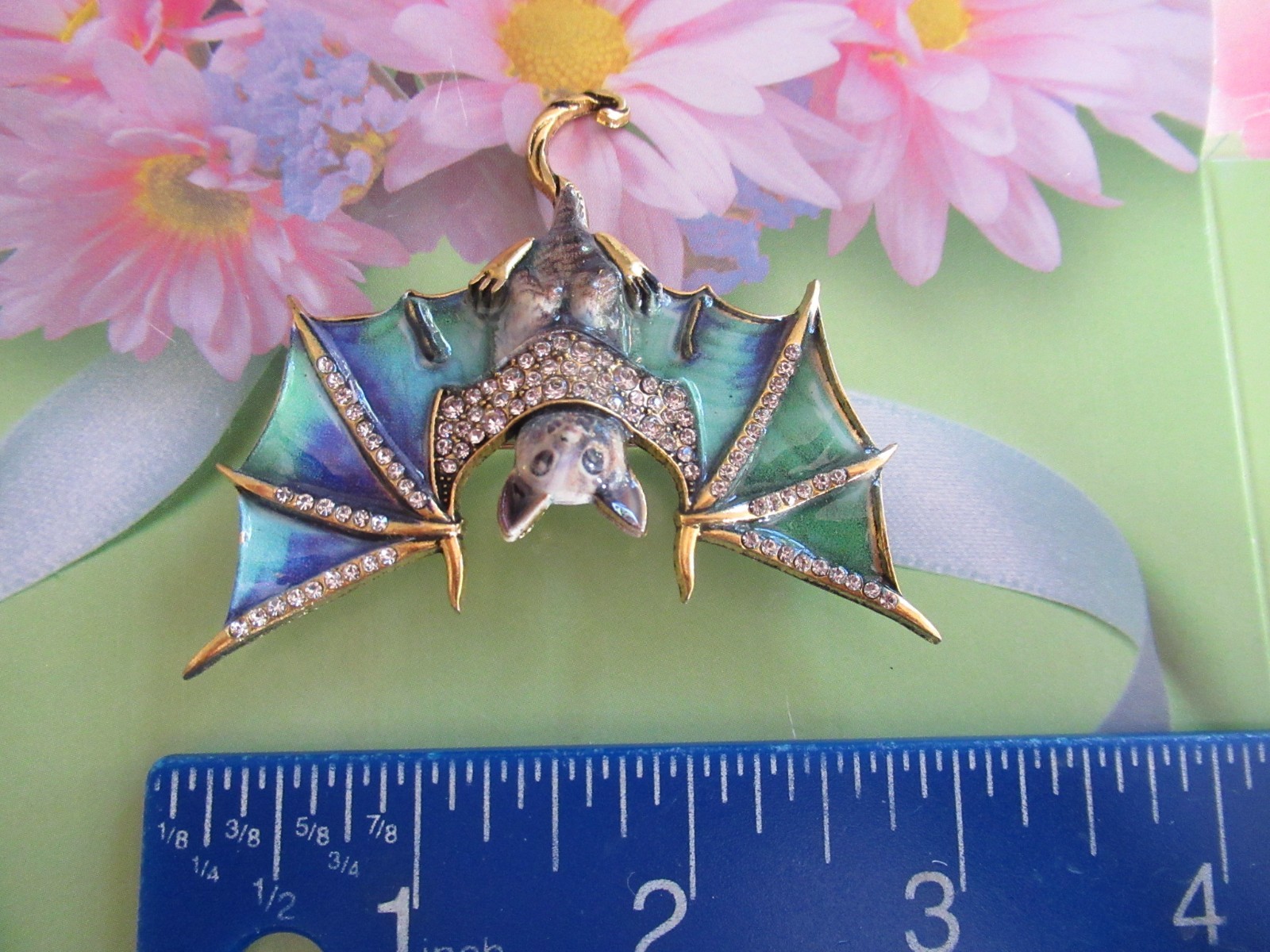 COOL Halloween Bat Brooch Green Blue Enamel Crystal Rhinestones BAT BROOCH NEW