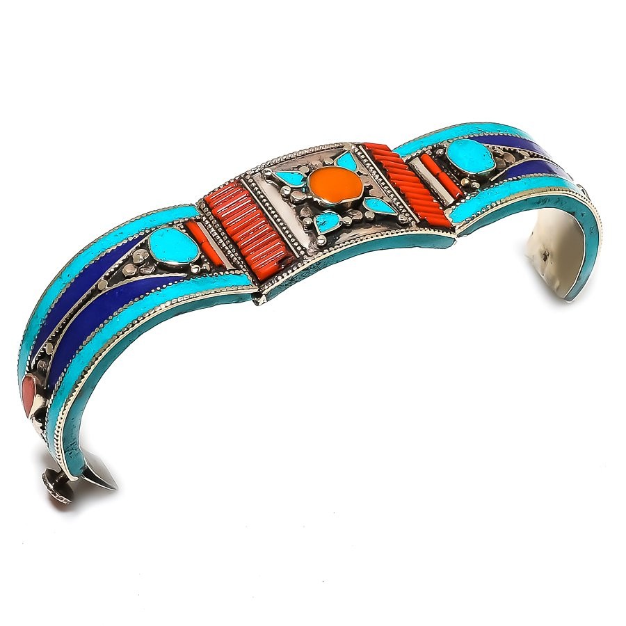 Yellow Coral Turquoise Lapis Lazuli Cuff Bohemian Vintage Nepali Jewelry NC 734
