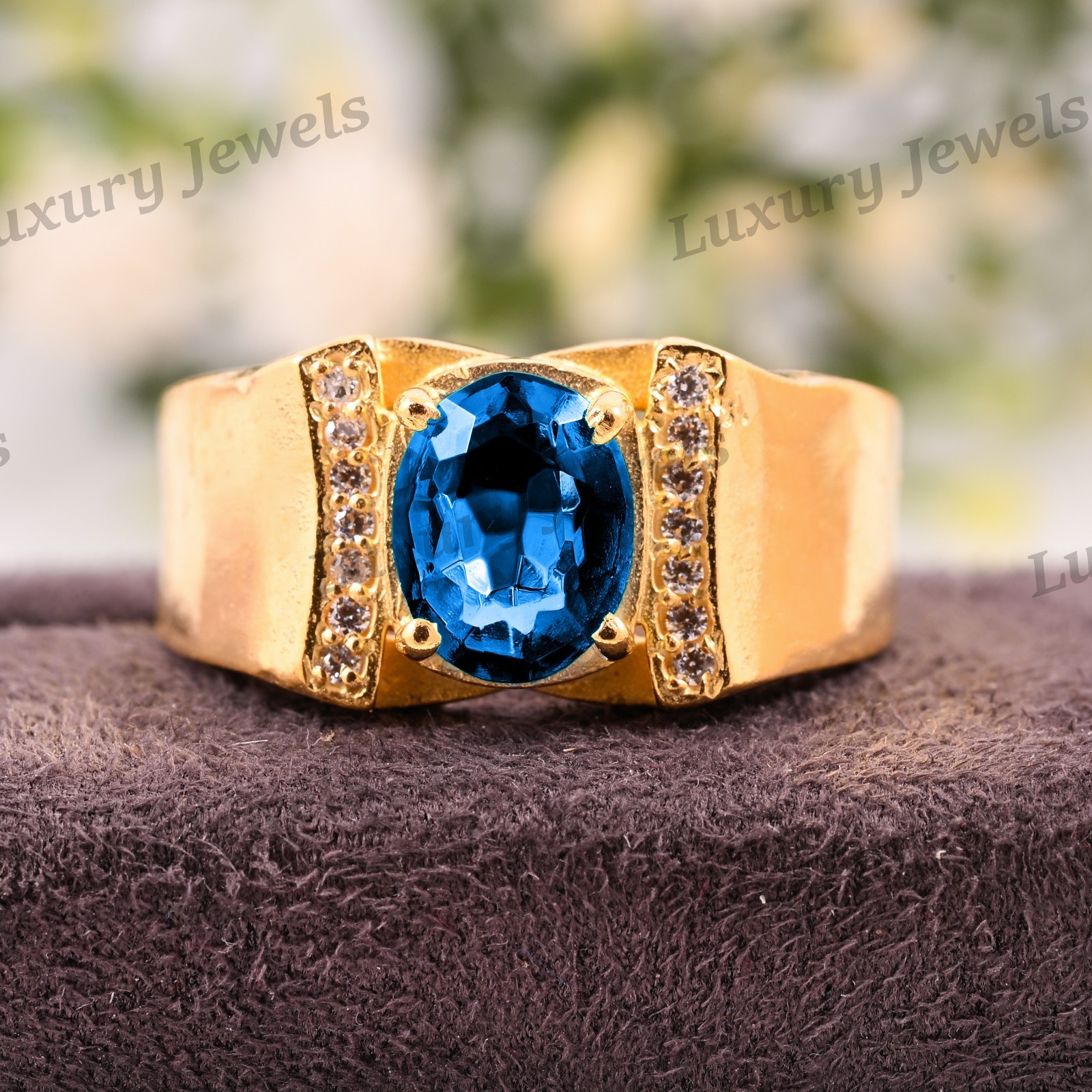 Swiss Blue Topaz Ring for Men 925 Sterling Silver Vintage Handmade Jewelry Fash