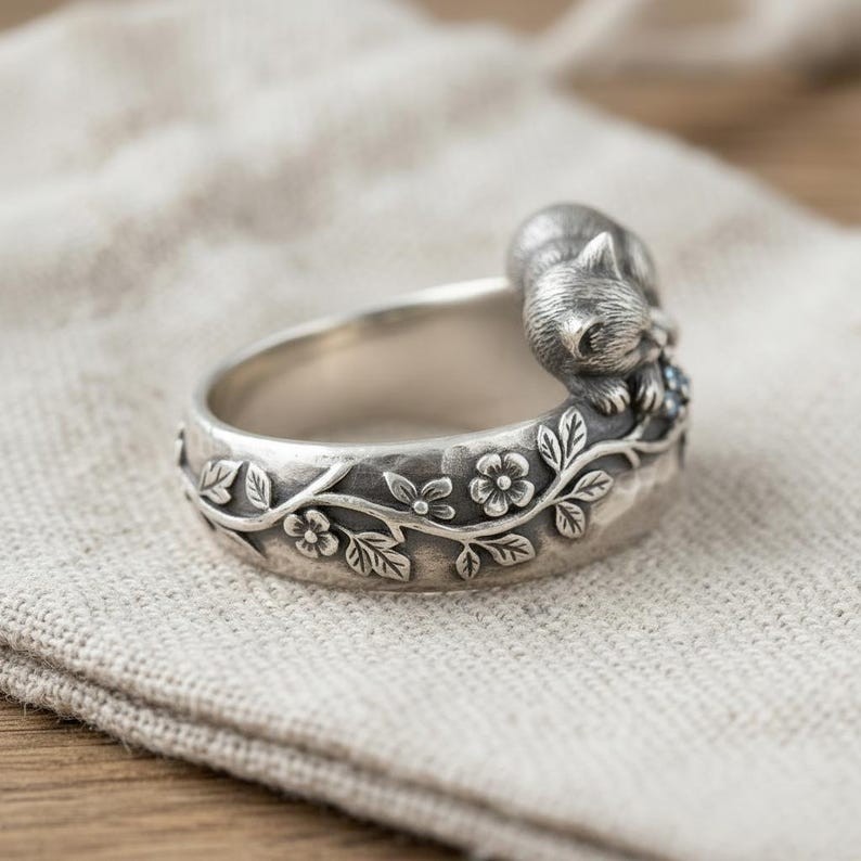 925 Sterling Silver Sleeping Cat Ring Vintage Aquamarine CZ Floral Band New