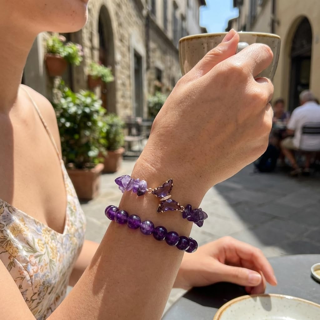 Natural Amethyst Healing Stone Bracelet Set for Women, Anxiety Relief Nature Sto