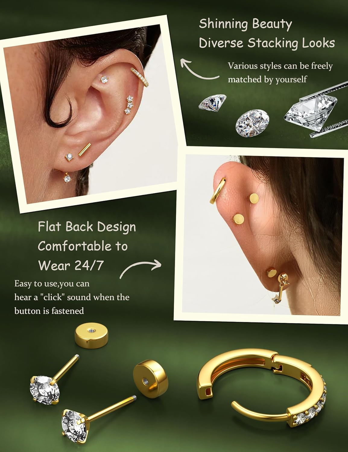 Hypoallergenic Silver Gold Earrings Stacks – 9 Pairs 14K Gold Plated Surgical St
