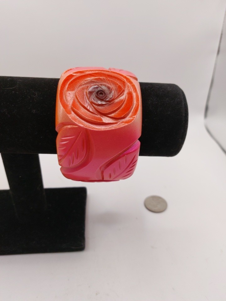 Chunky Carved Bangle Bracelet Roses Leaves Red Pink Orange Coral Shades 2″ Wide