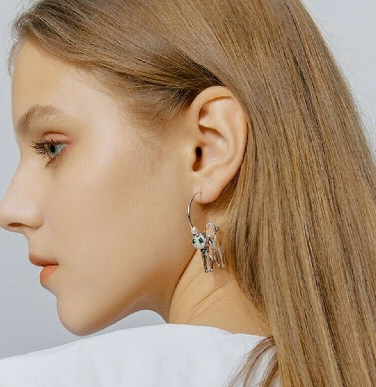 US Seller Betsey Johnson Silver Crystal Cat Dangle Earrings 3D Animal Fashion