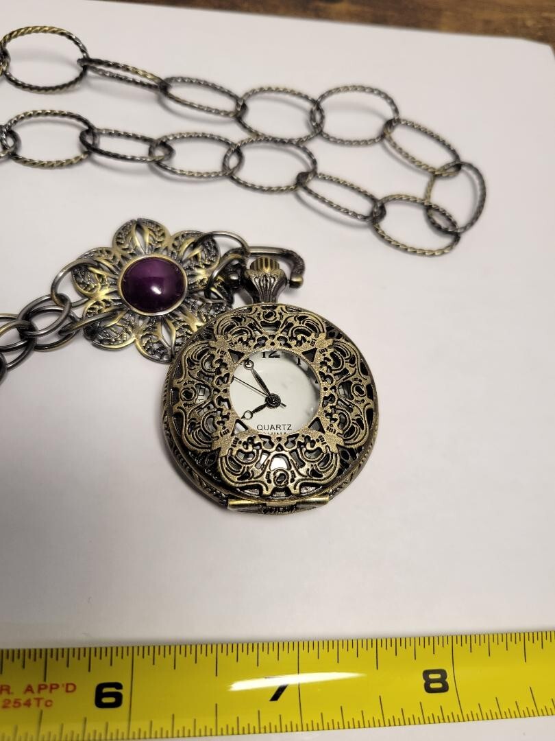 Amy Kahn Russell Pocket Watch Necklace 36” Bronze Floral READ DESCRIPTION PLEASE