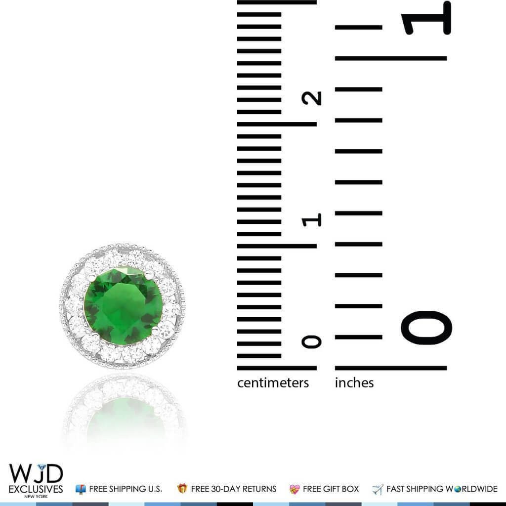 1.80Ct Simulated Diamond & Emerald Round Halo Charm Pendant 14K White Gold 9mm