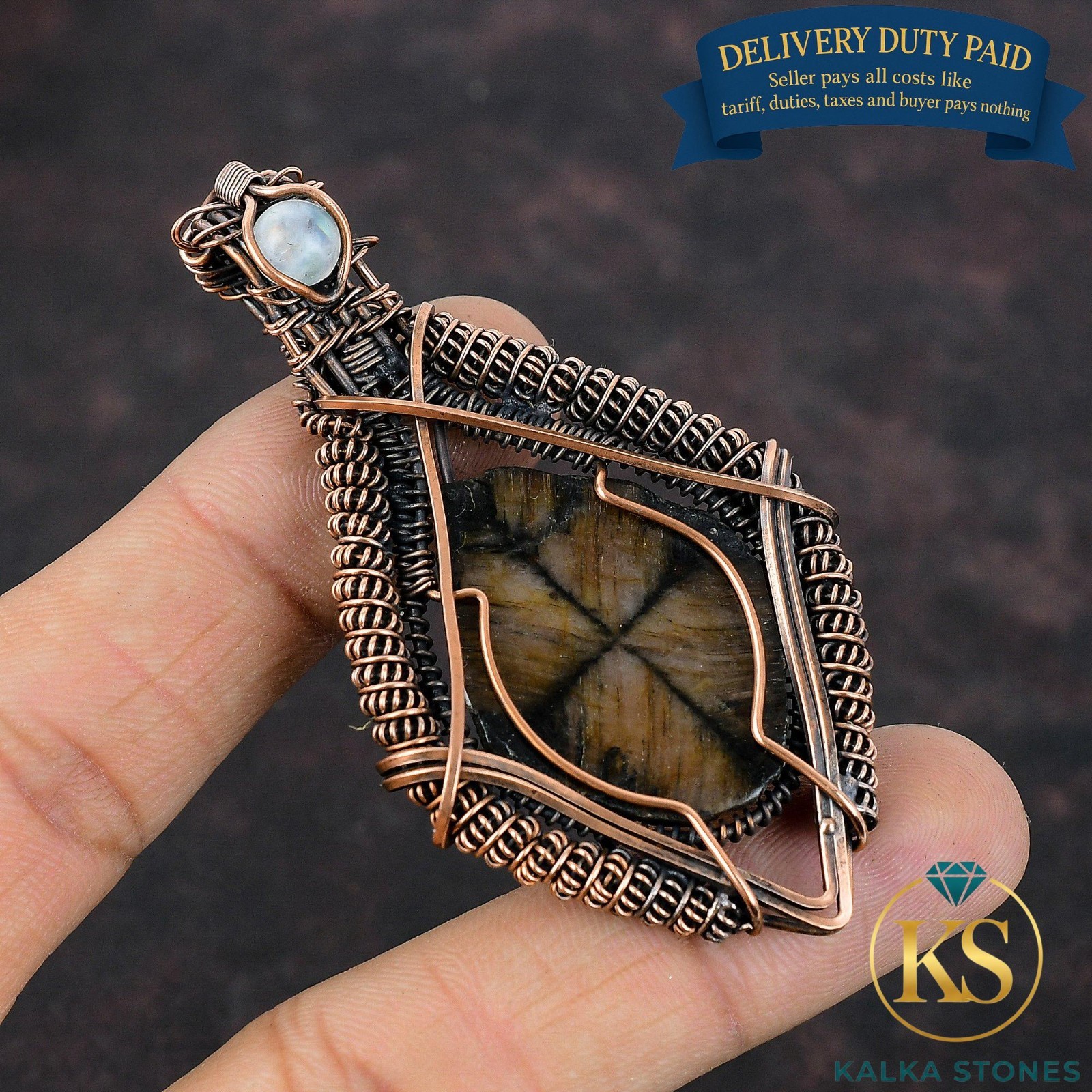 Copper Chiastolite Gemstone Rainbow Moonstone Wife Wire Wrapped Pendant Jewelry