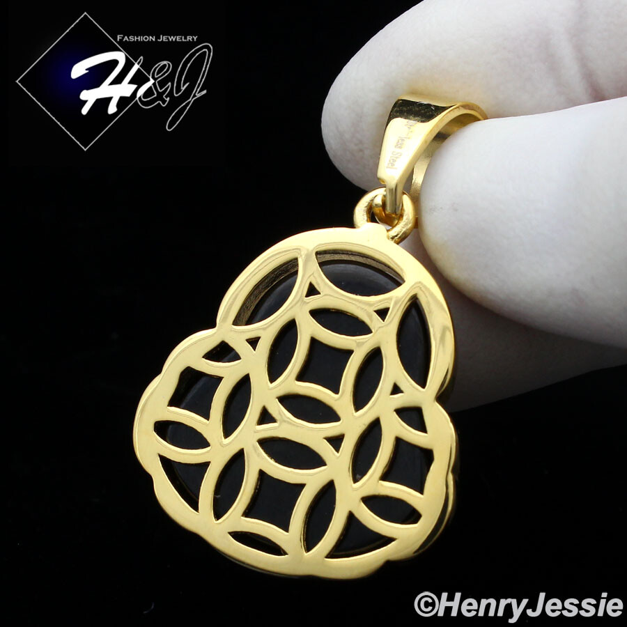 MEN WOMEN Stainless Steel Black Onyx Gold Plated Buddha Pendant*GP123