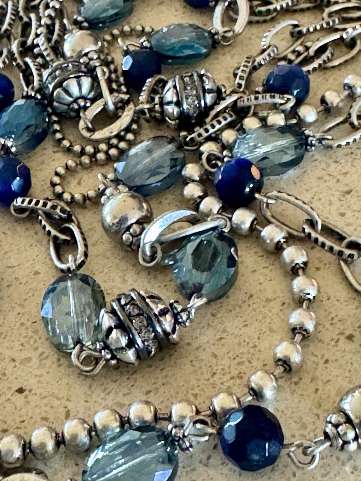 Chico’s Brand Multi-Strand Blue Crystal Beaded Silver Tone Cable Necklace