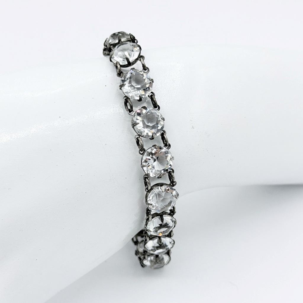 Antique Art Deco Open-Back Sterling Round Paste Rhinestone Bracelet 7″ #285