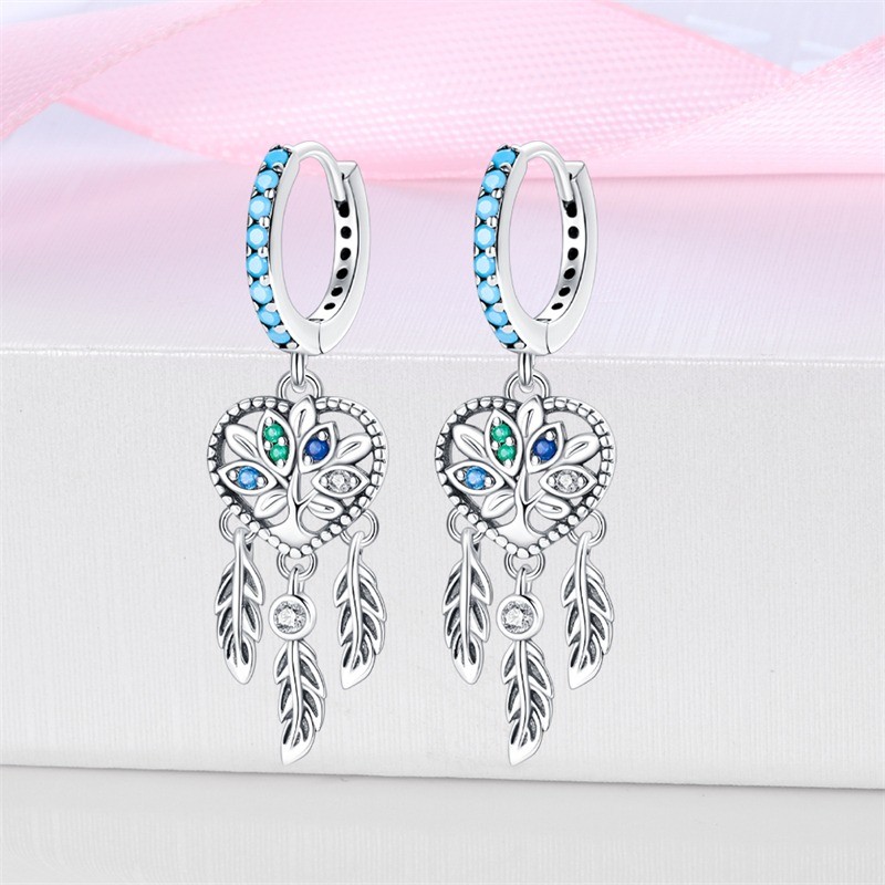 KUNSIR 925 Sterling Silver Fashion Jewelry Feather Dream Catcher Drop Earrings